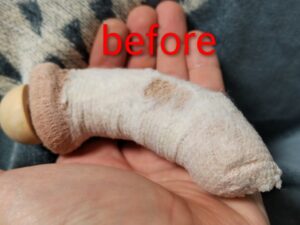 鳥の足保護テープを巻いた止まり木（補修前）